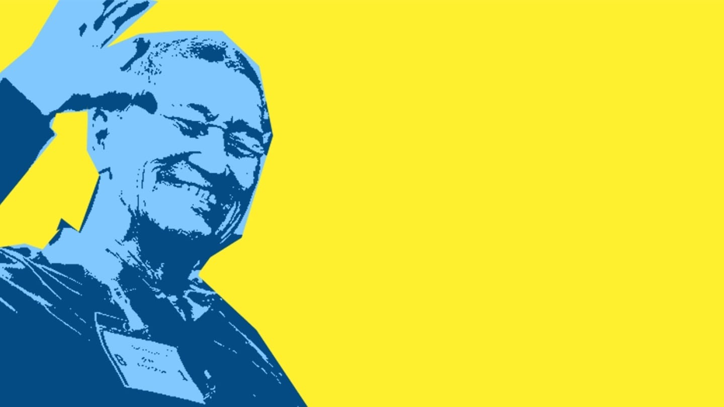 blue tinted picture of man's face set against yellow background