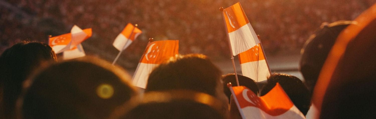 a sea of people waving singapore flags over their heads