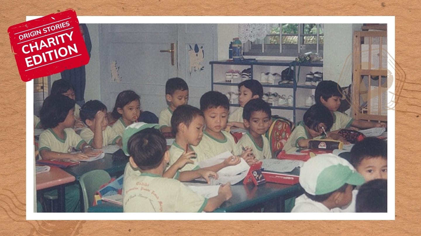 origin stories charity edition vintage photo of kindergarterners in yellow shirts