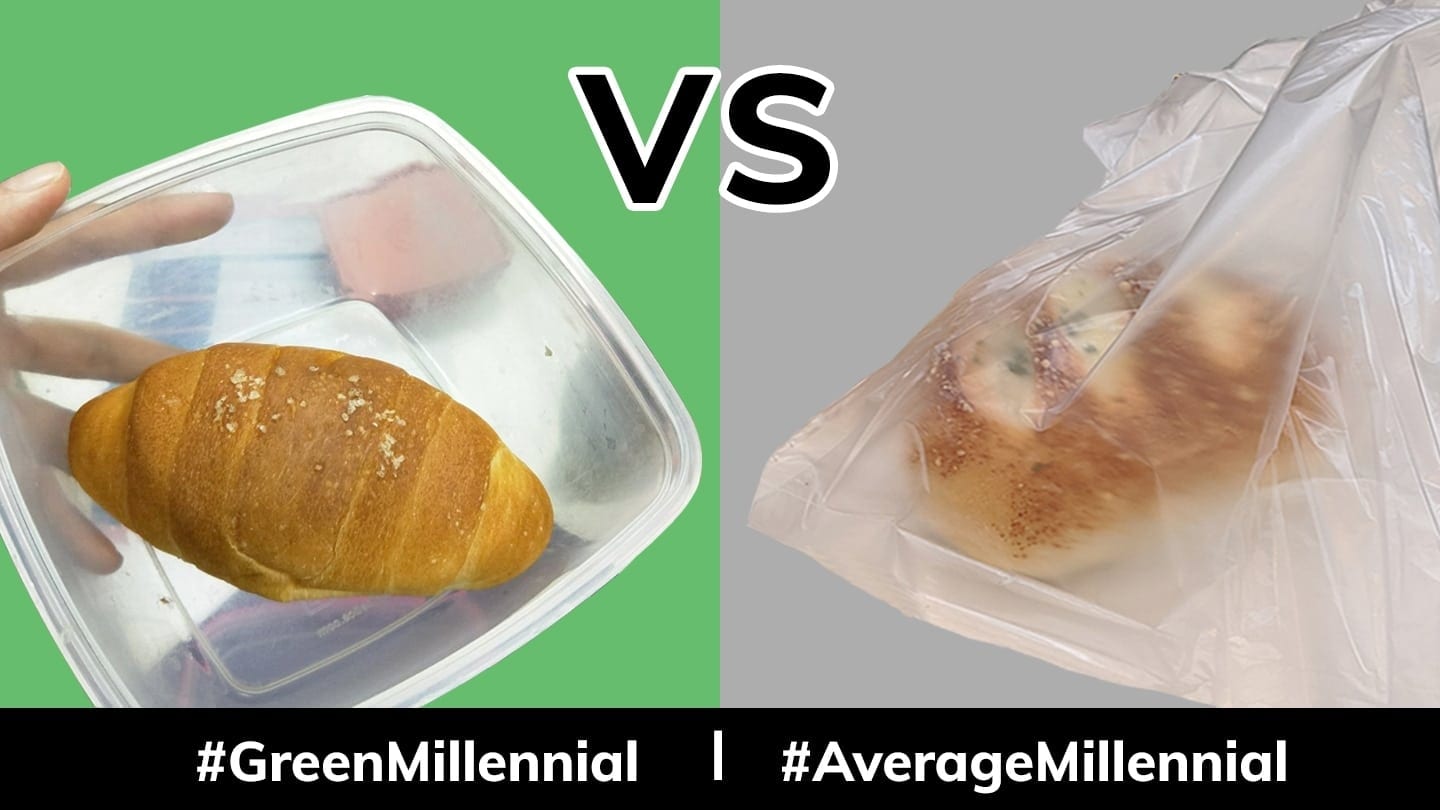 green millenial versus average millenial bread in container vs bread in plastic bag