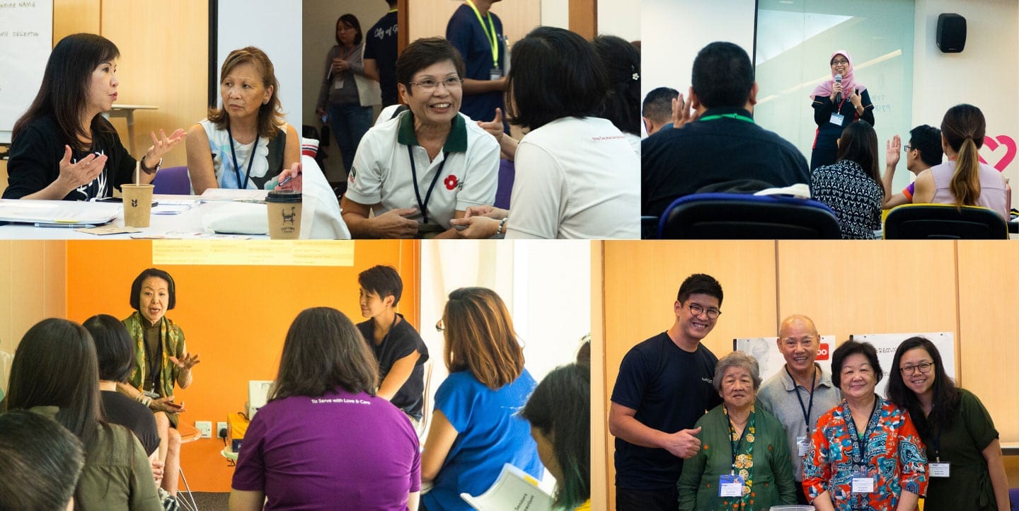 collage of five photos featuring people in a conference