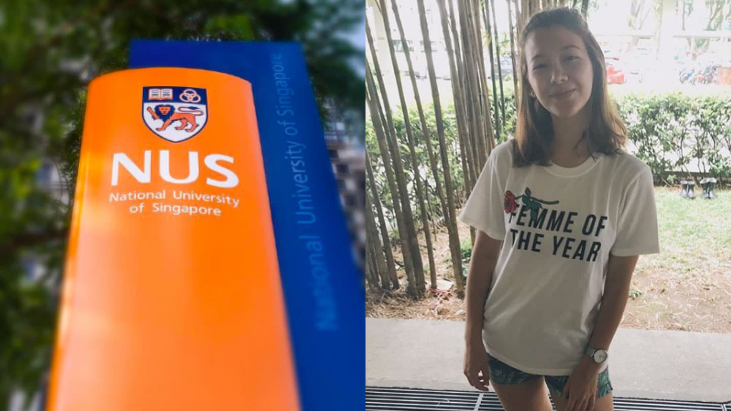 female nus student wearing white shirt that says femme of the year