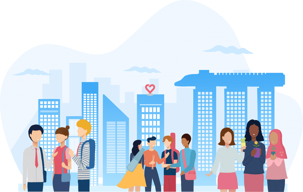 city of good website graphic showing people talking with singapore skyline in background