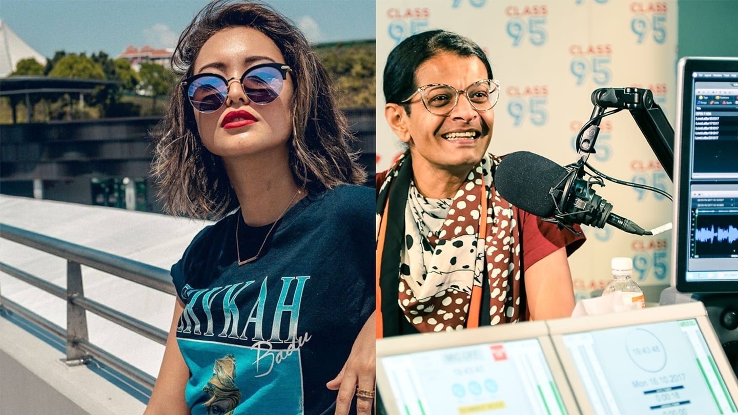 side by side photos of young woman in sunglasses and elderly woman in shawl