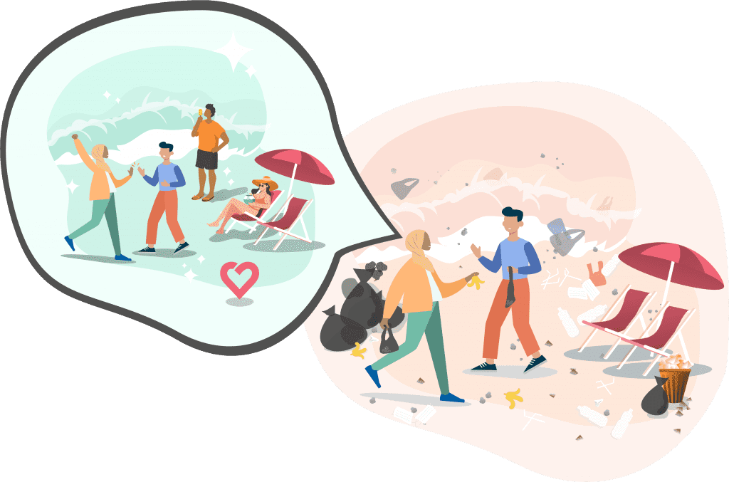 beach cleanup graphic woman in tudung and man