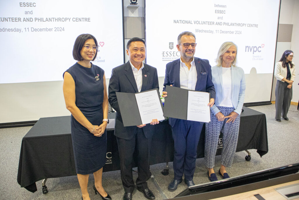 NVPC CEO Tony Soh and Vincenzo Esposito Vinzi, Dean & President of ESSEC Business School on 11 December 2024, signing a memorandum of understanding (MOU) to support ESSEC’s efforts to deepen its social impact in Singapore in support of SG60.