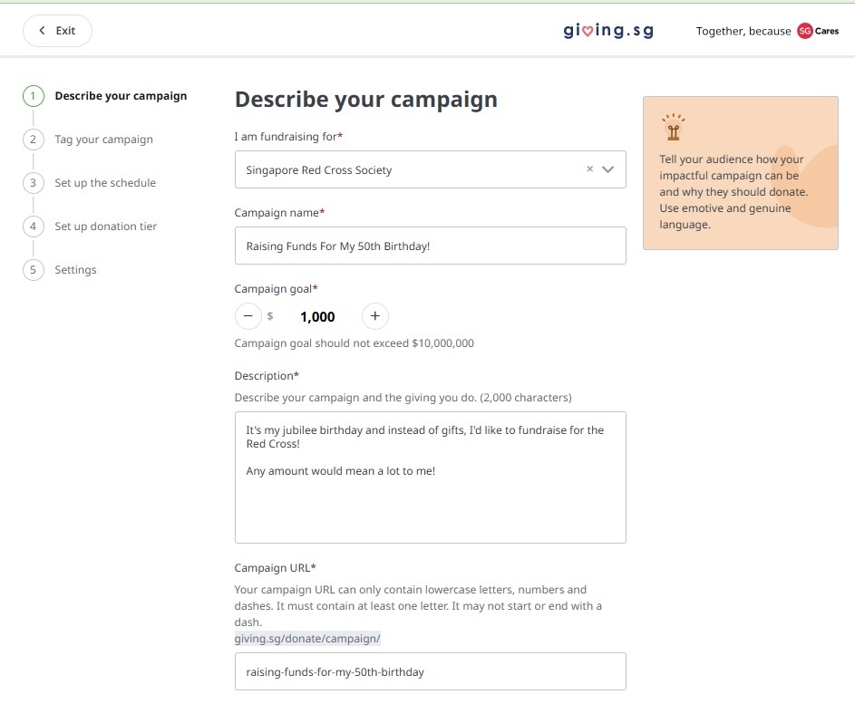 giving sg fundraising webpage