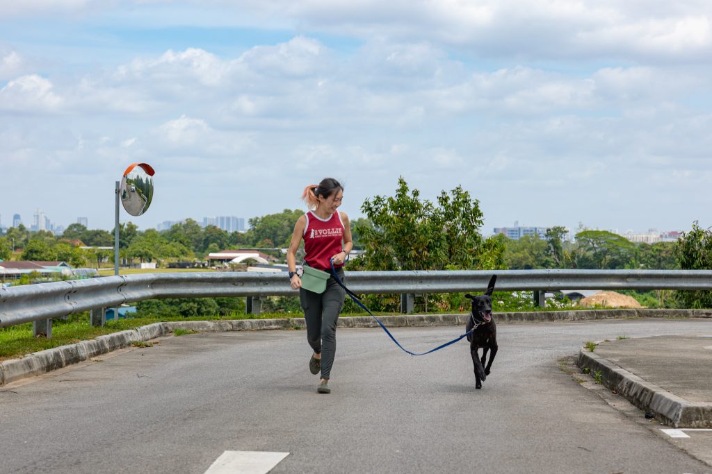 A woman jogging with a dog